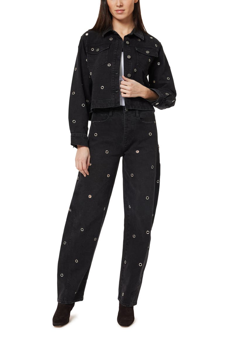 Grommet Embellished Denim Trucker Jacket, Alternate, color, WASHED BLACK
