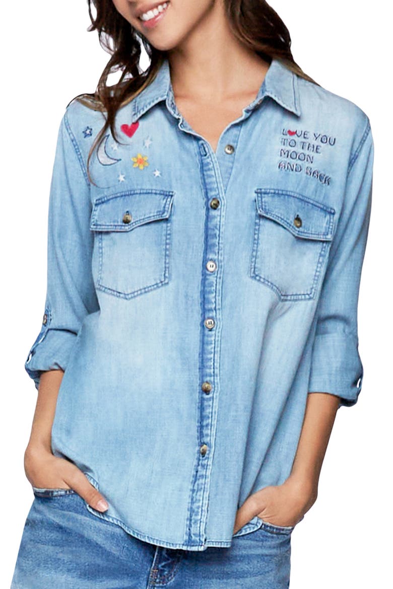 To the Moon & Back Embroidered Denim Graphic Button-Up Shirt, Main, color, DENIM
