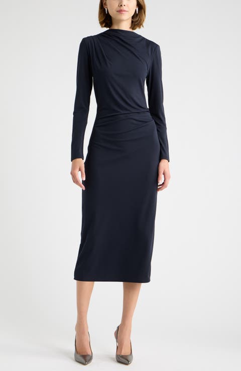 Pleated Long Sleeve Knit Midi Dress