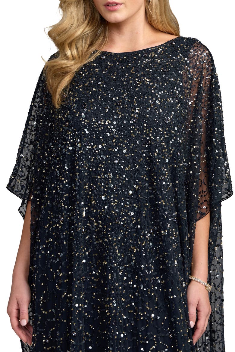 Beaded Mesh Kaftan Evening Gown with Round Neck, Alternate, color, Midnight Gold