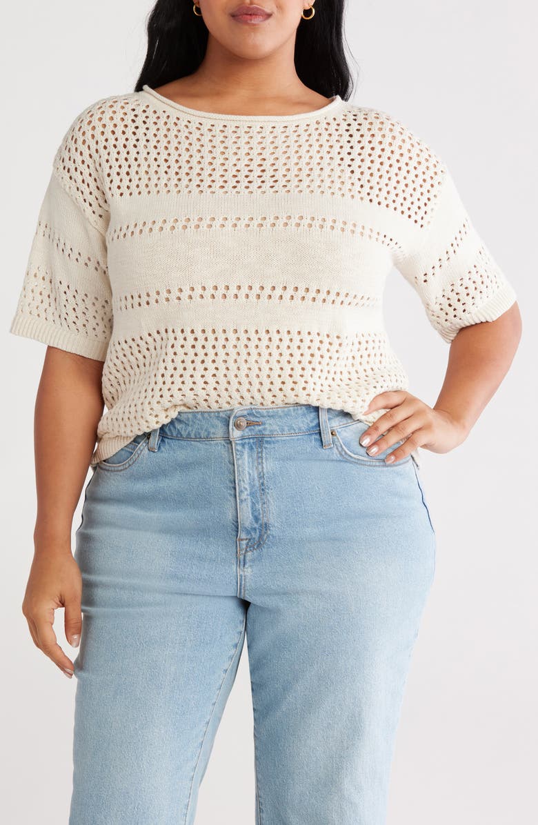 Sanctuary Short Sleeve Open Stitch Cotton Sweater, Main, color, Macrame