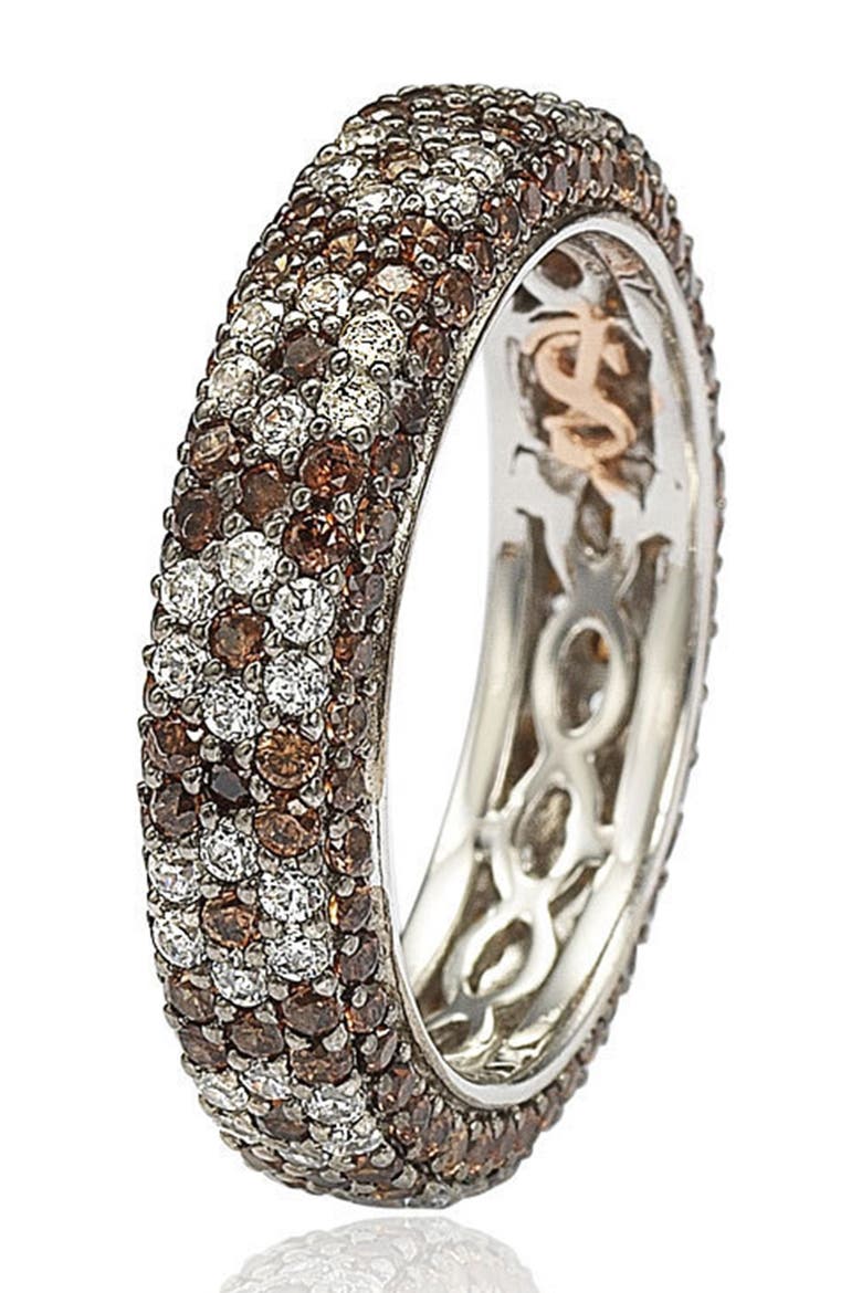 Sterling Silver Brown & White Cubic Zirconia Flower Eternity Band Ring, Alternate, color, BROWN