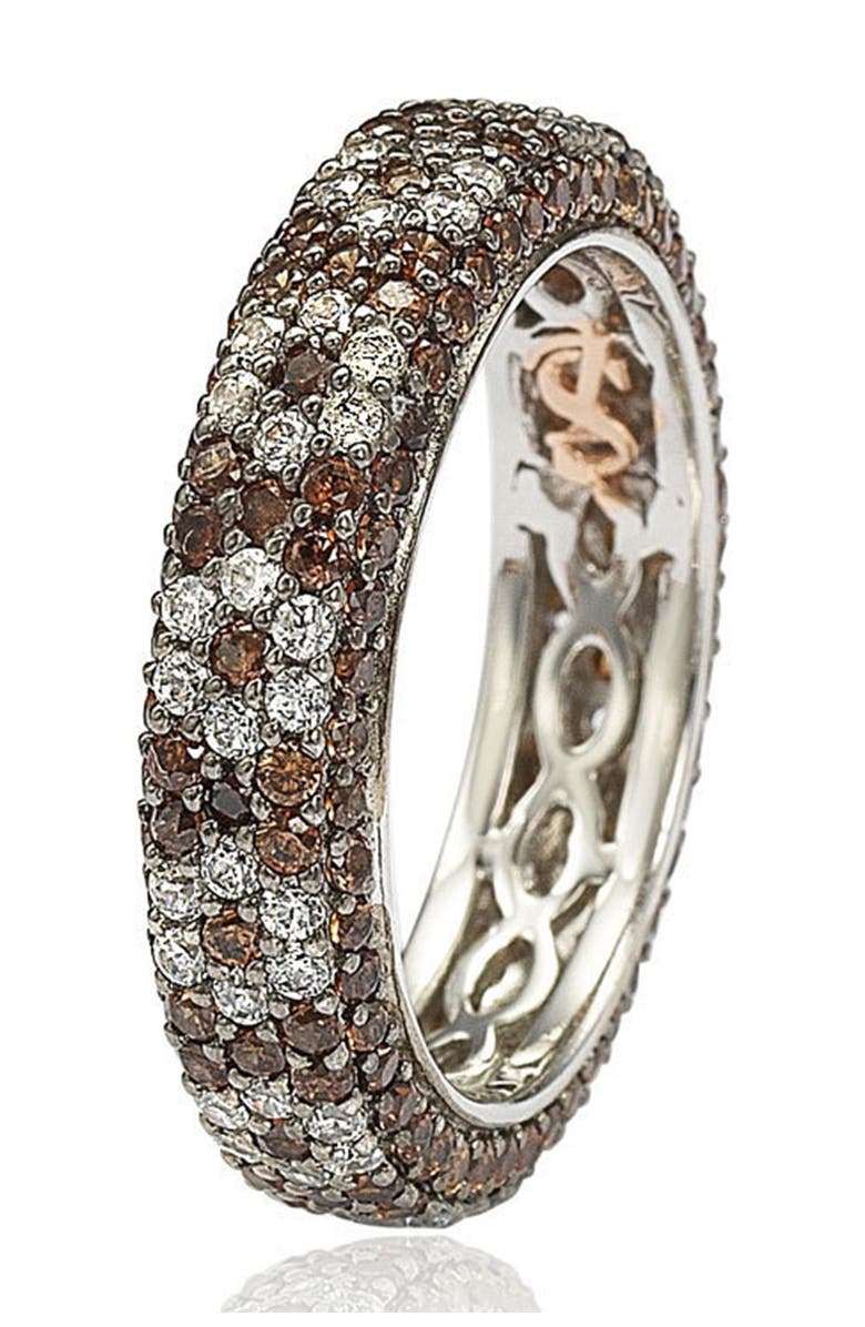 SUZY LEVIAN Sterling Silver Brown & White Cubic Zirconia Flower Eternity Band Ring, Alternate, color, Brown