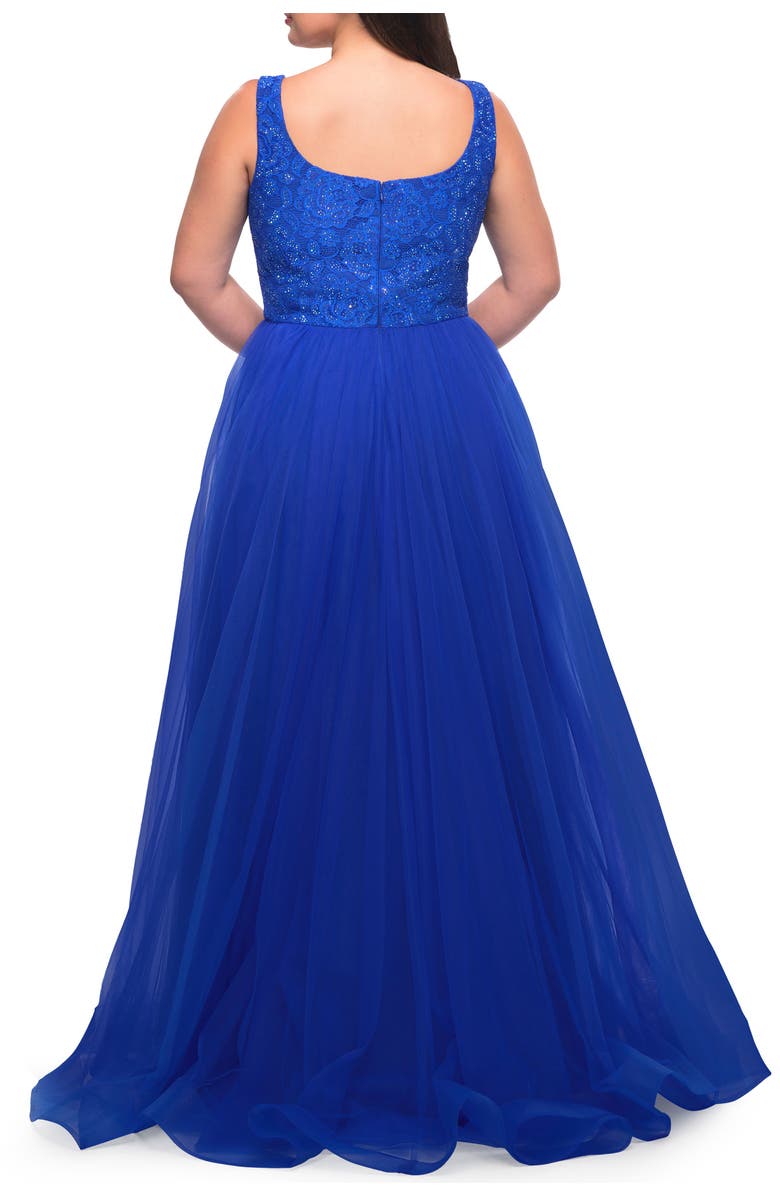 La Femme A-line Tulle and Lace Plus Size Gown with Slit, Alternate, color, Royal Blue
