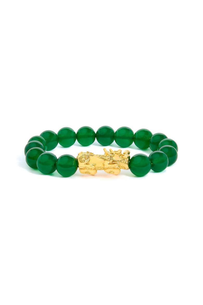 18K Yellow Gold Green Agate Beaded Bracelet with Dragon Charm, Main, color, Yellow Gold