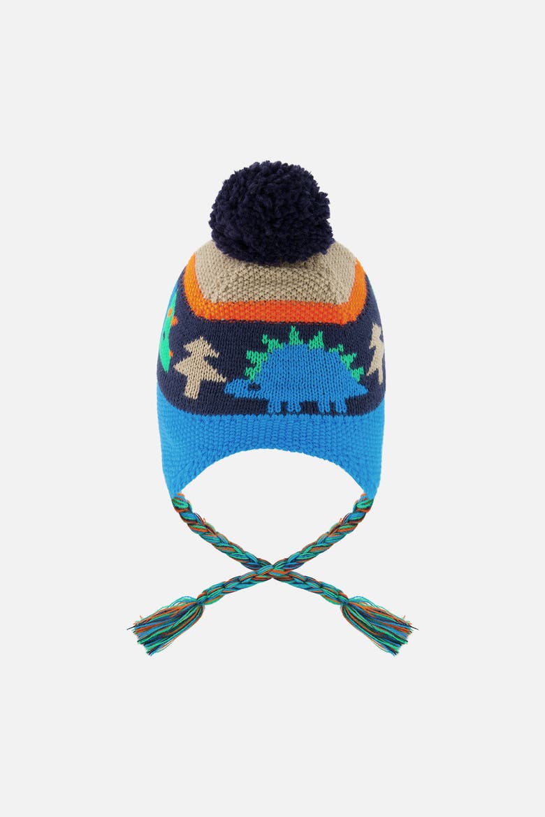Winter Dinosaur Fleece Lined Peruvian Knit Hat with Pompom, Alternate, color, Blue Dinosaur Print
