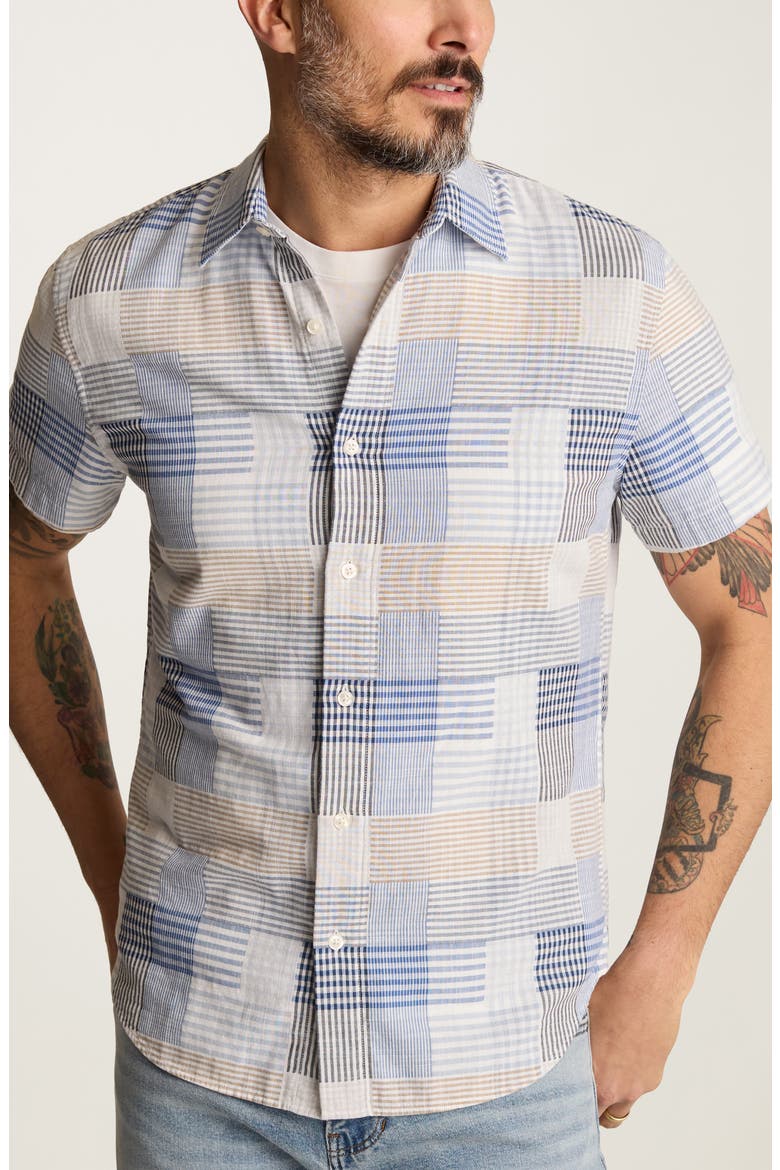 Riviera Slim Fit Patchwork Short Sleeve Cotton Button-Up Shirt, Main, color, BLUE STRIPE PATCHWORK