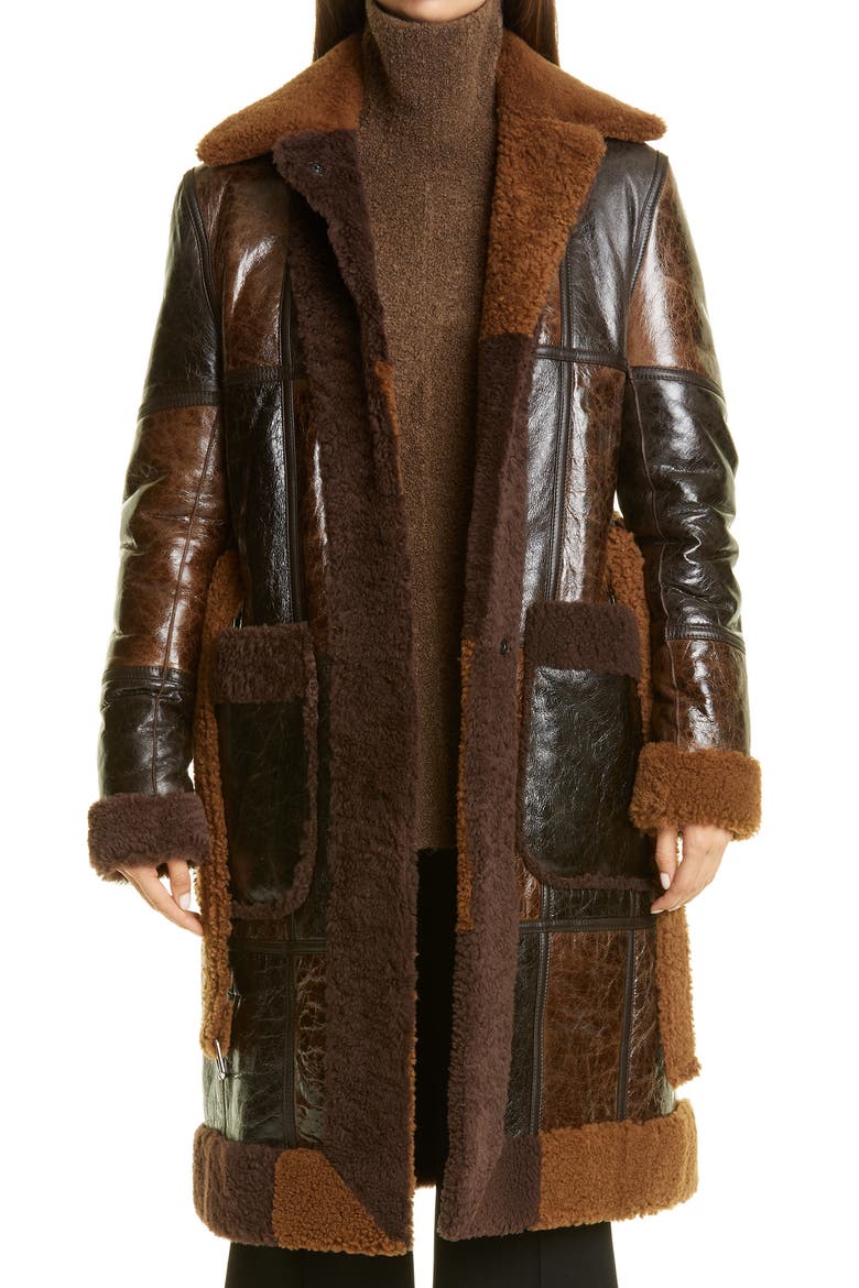 Colorblock Reversible Genuine Shearling Coat, Main, color, CAMEL/DARK BROWN