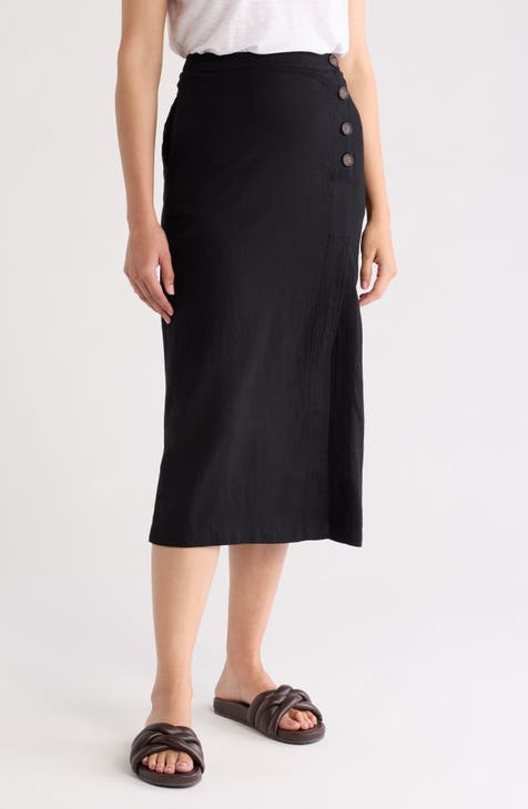 Faux Wrap Linen Blend Midi Skirt