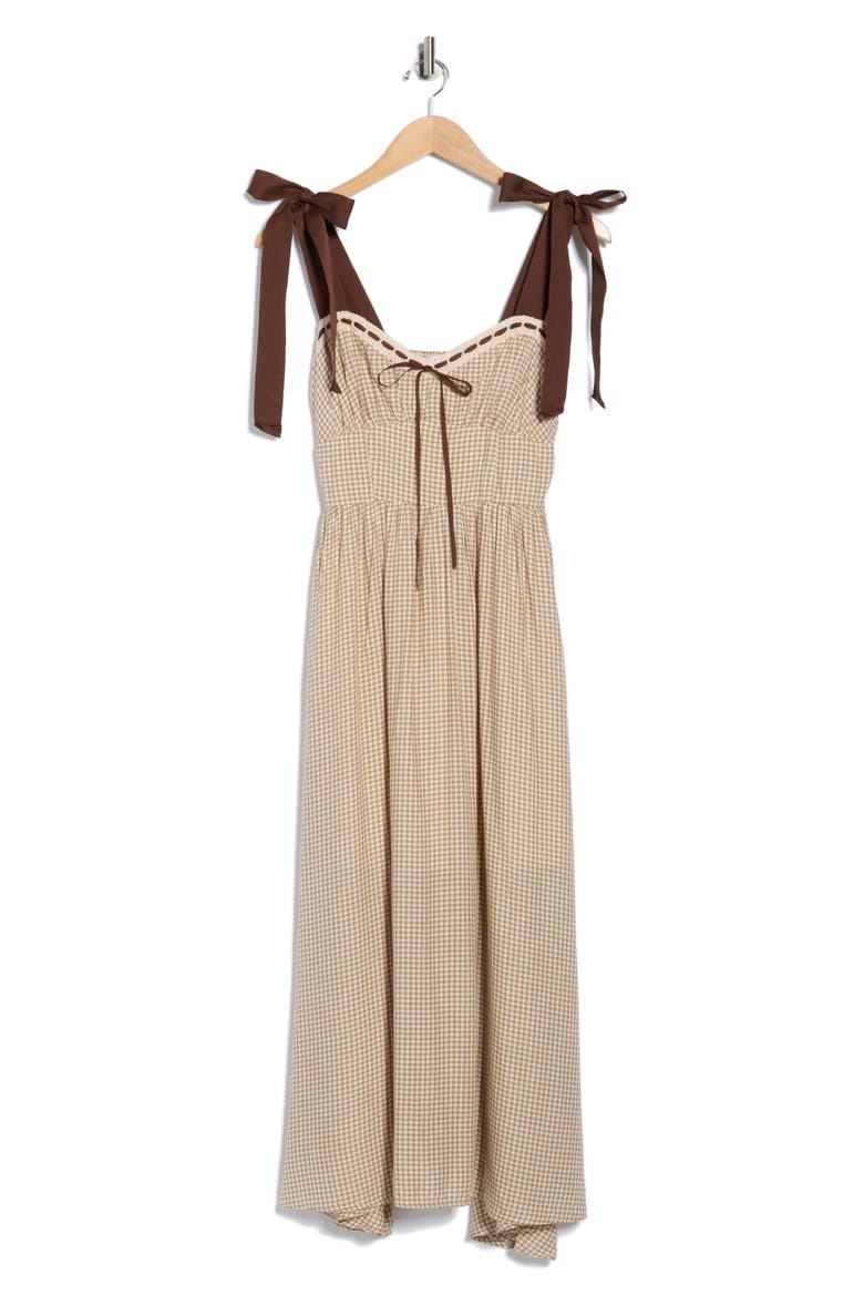 Gingham Tie Strap Fit & Flare Sundress, Alternate, color, KHAKI