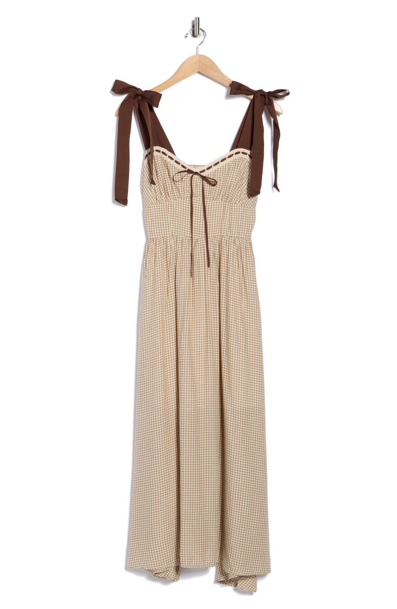 Blu Pepper Gingham Tie Strap Fit & Flare Sundress, Alternate, color, Khaki