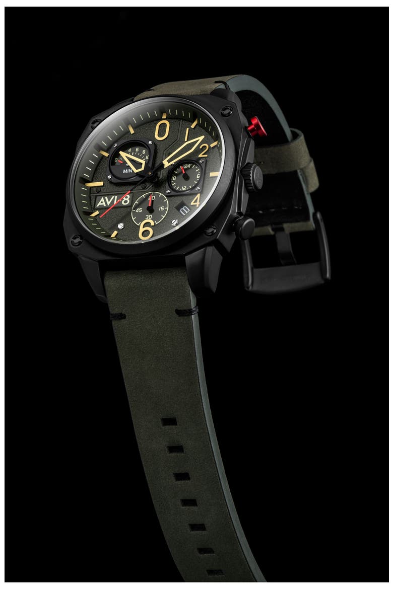 Hawker Hunter Retrograde Chronograph Leather Strap Watch, 45mm, Alternate, color, GREEN