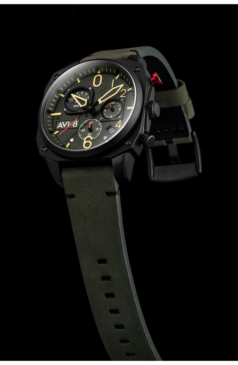 AVI-8 Hawker Hunter Retrograde Chronograph Leather Strap Watch, 45mm, Alternate, color, Green