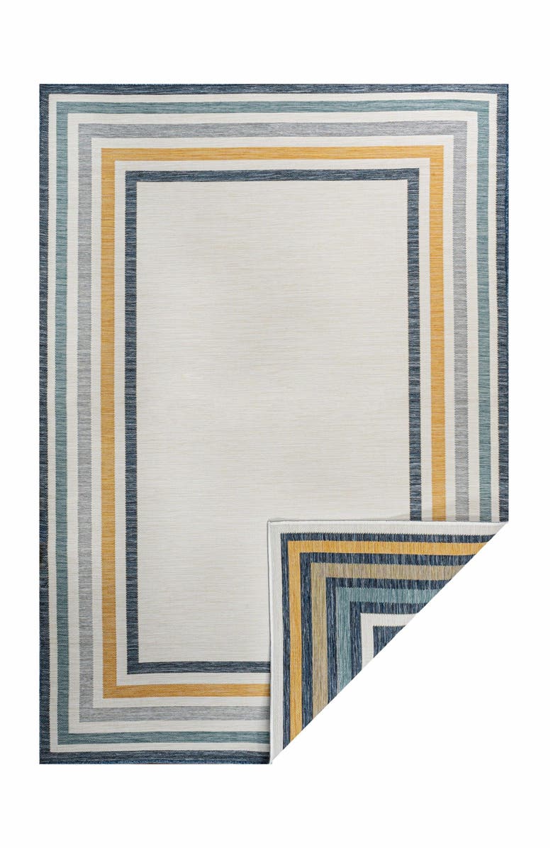 JONATHAN Y Pollux Classic Coastal Mitred Stripe Reversible Machine-Washable Indoor/Outdoor Area Rug, Alternate, color, Cream/Navy