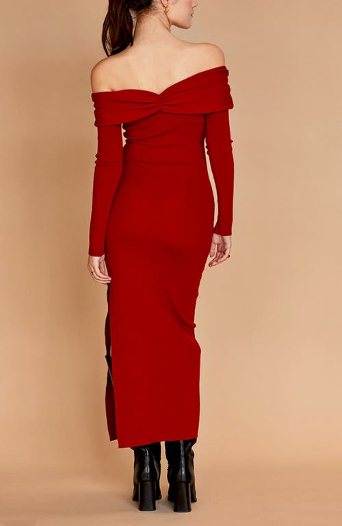 Crescent Off Shoulder Sweater Midi Dress In Ruby