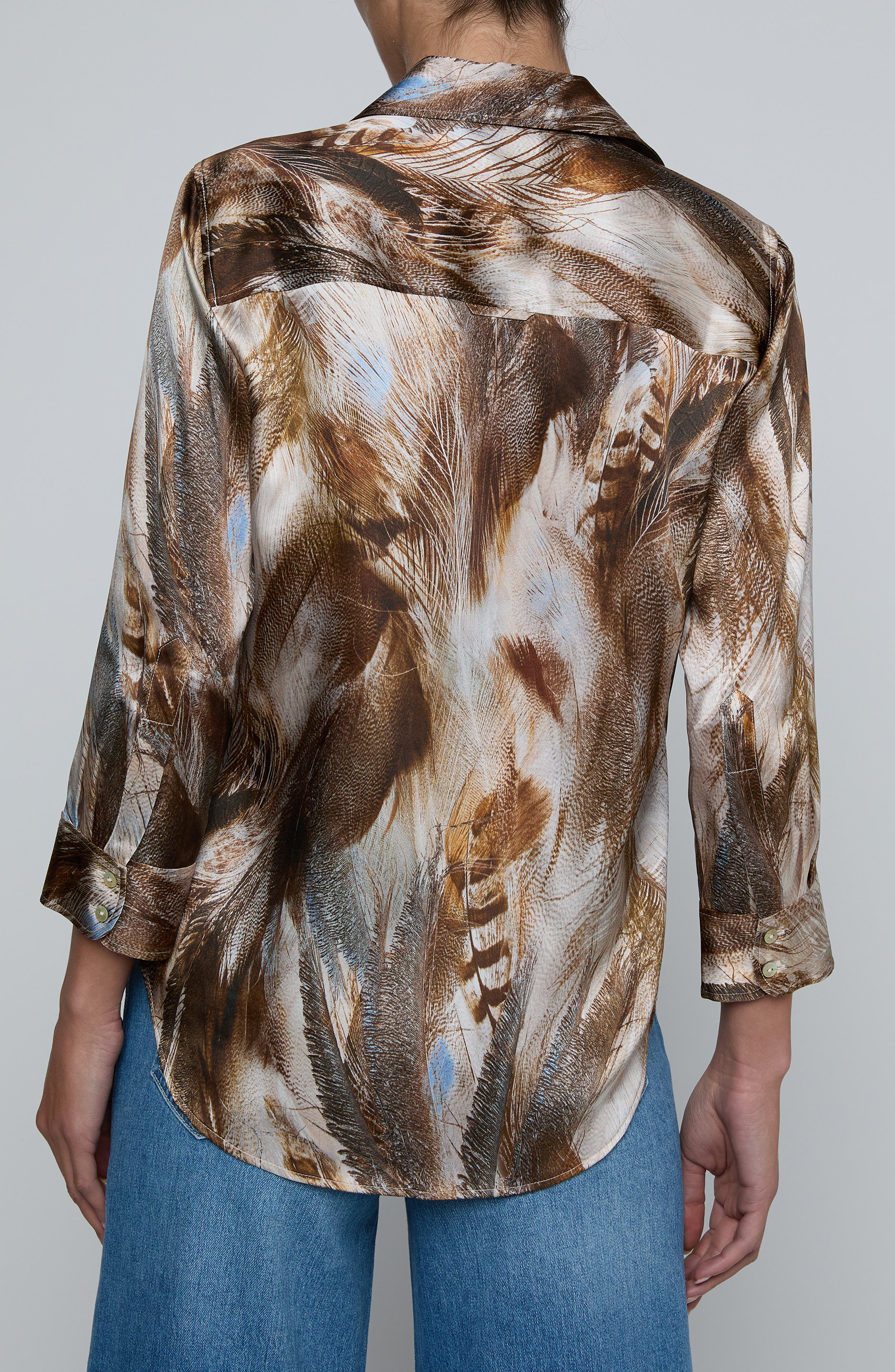Dani Feather Print Three-Quarter Sleeve Silk Button-Up Shirt - image 2