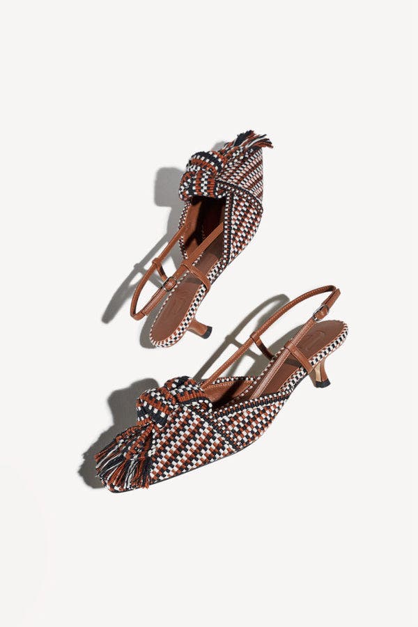 Ula Knot-Detail Pointed-Toe Kitten Slingback Pumps, Alternate, color, Cognac