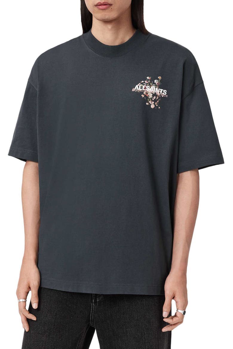 Valen Oversize Floral Logo Graphic T-Shirt, Main, color, WASHED BLACK