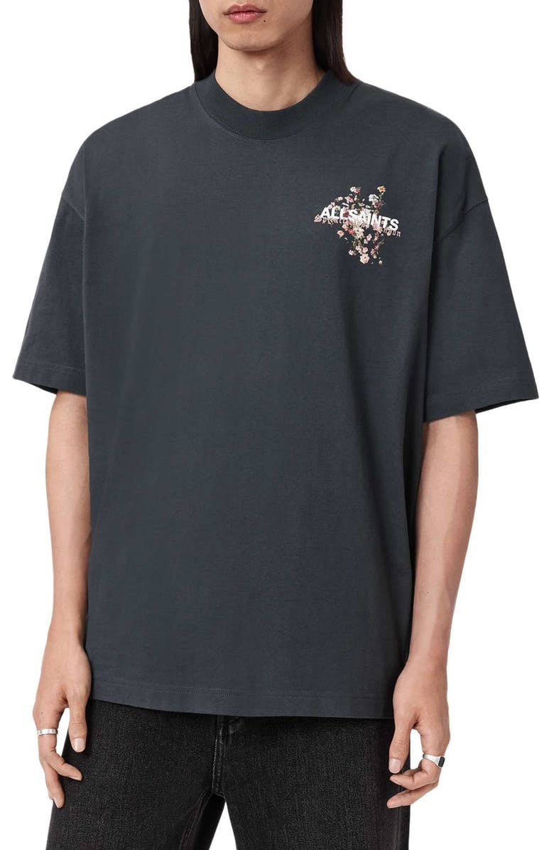AllSaints Valen Oversize Floral Logo Graphic T-Shirt, Main, color, Washed Black