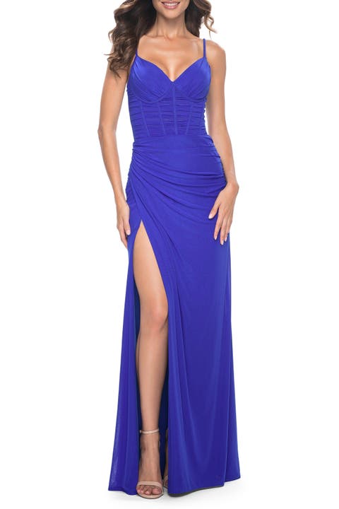 Net Jersey Fitted Dress with Ruched Bustier Top