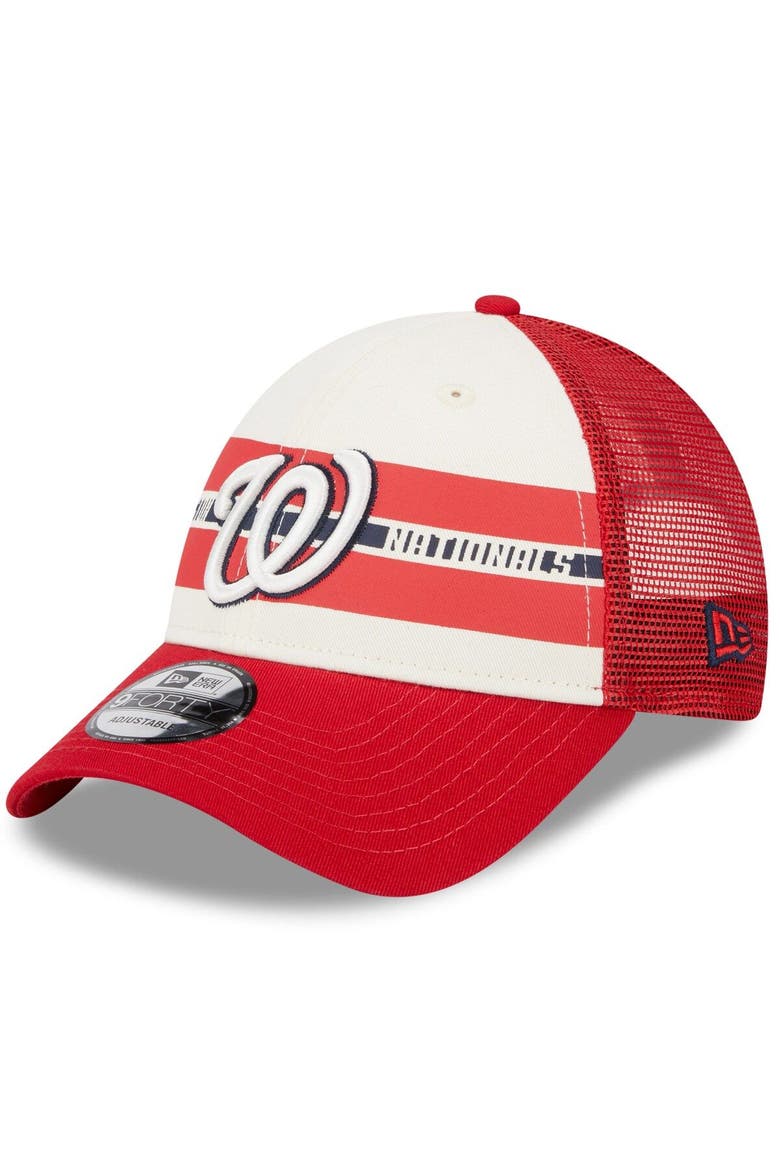 Men's New Era White/Red Washington Nationals Team Stripe Trucker 9FORTY Snapback Hat, Main, color, White