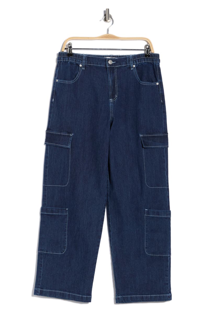 Madden Girl High Waist Wide Leg Cargo Jeans, Main, color, Dark Rinse