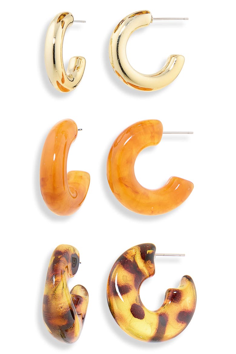 Set of 3 C-Hoop Earrings, Main, color, NEUTRAL MULTI