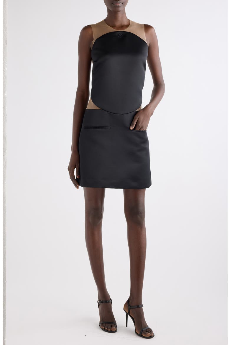 Illusion Inset Circle Satin Minidress, Main, color, BLACK
