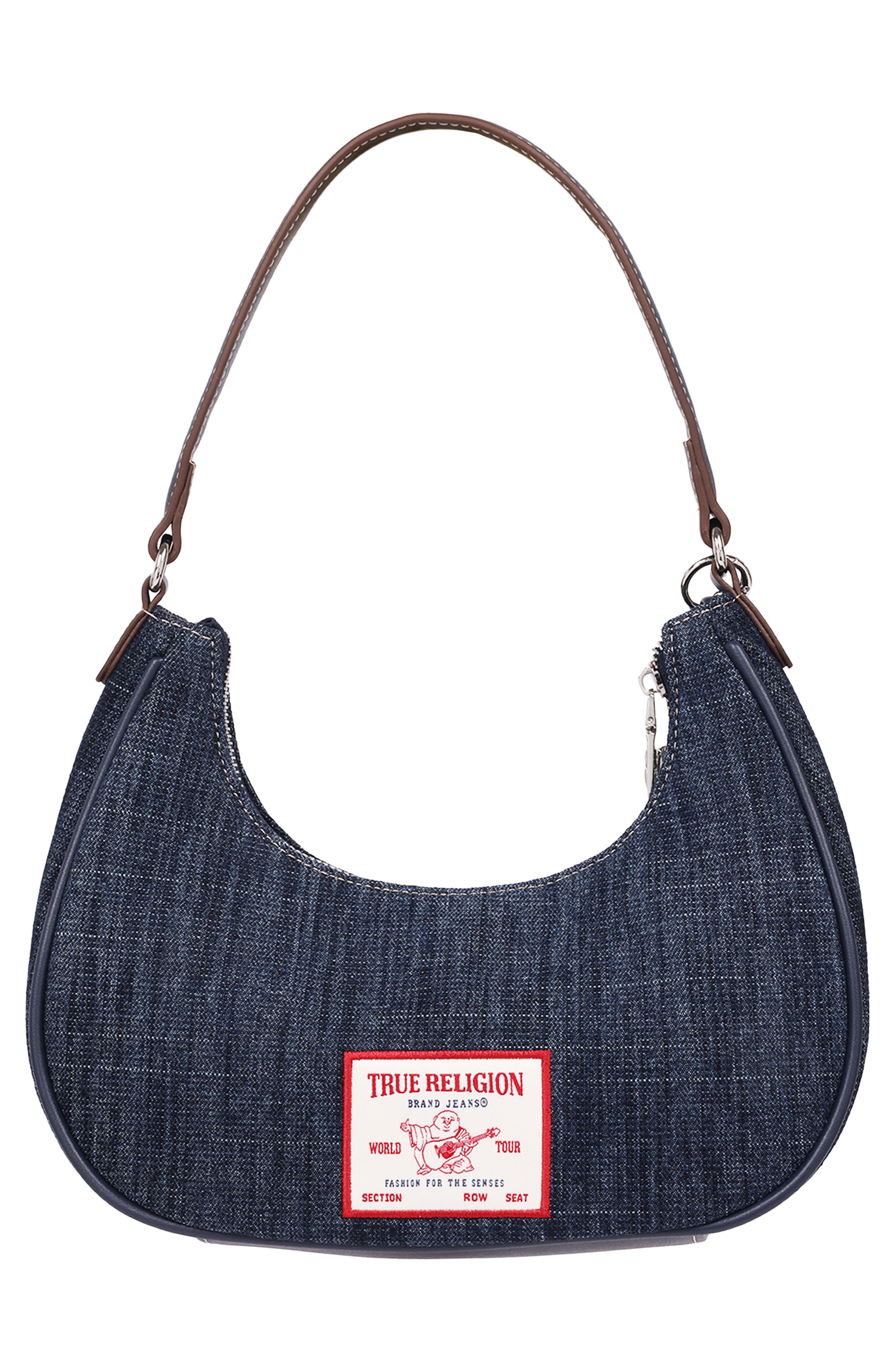 True Religion Wing Motif Denim Hobo Bag, Alternate, color, Navy
