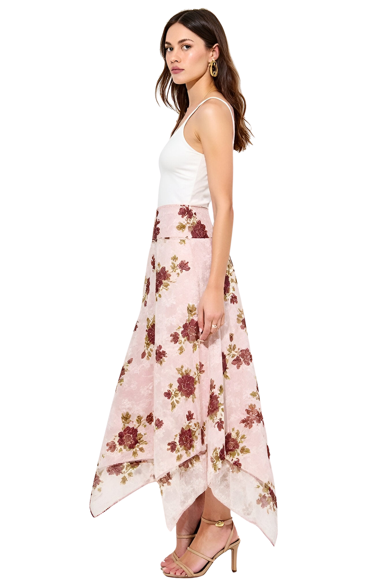 Modenaire Floral Handkerchief Hem Midi Skirt, Alternate, color,
