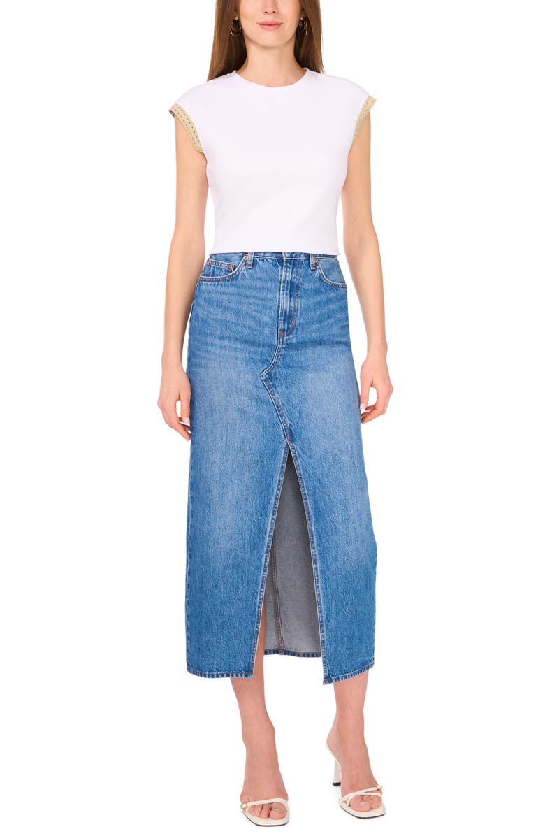 Vince Camuto Open Knit Trim Cap Sleeve T-Shirt, Alternate, color, Ultra White