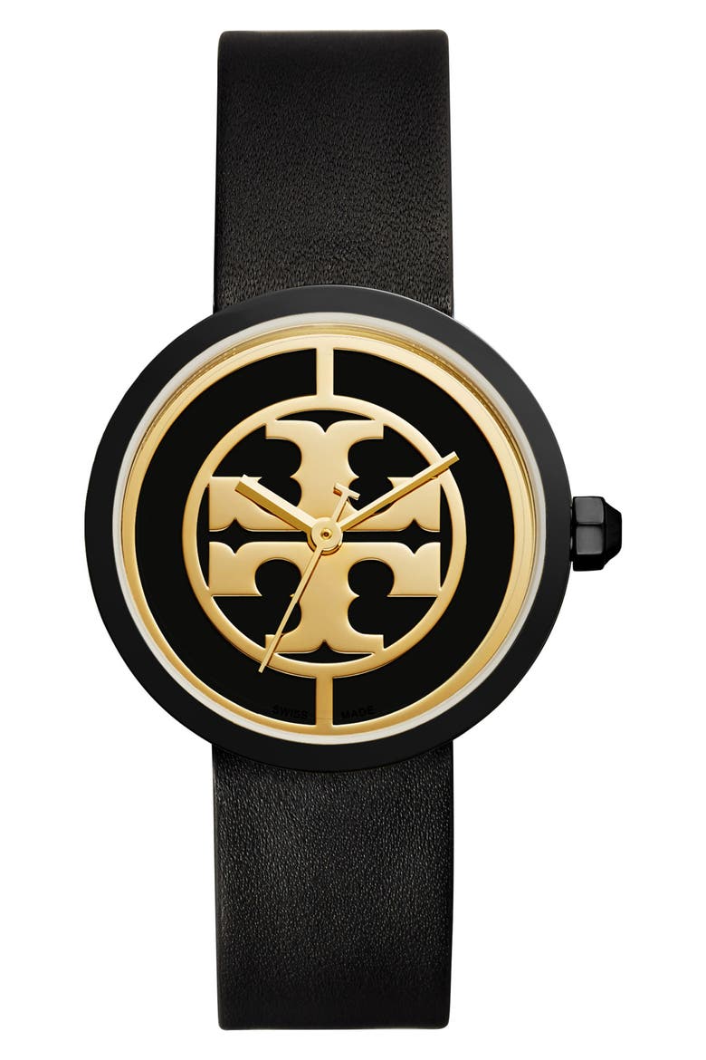 Reva Logo Dial Leather Strap Watch, 36mm, Main, color, BLACK/ GOLD