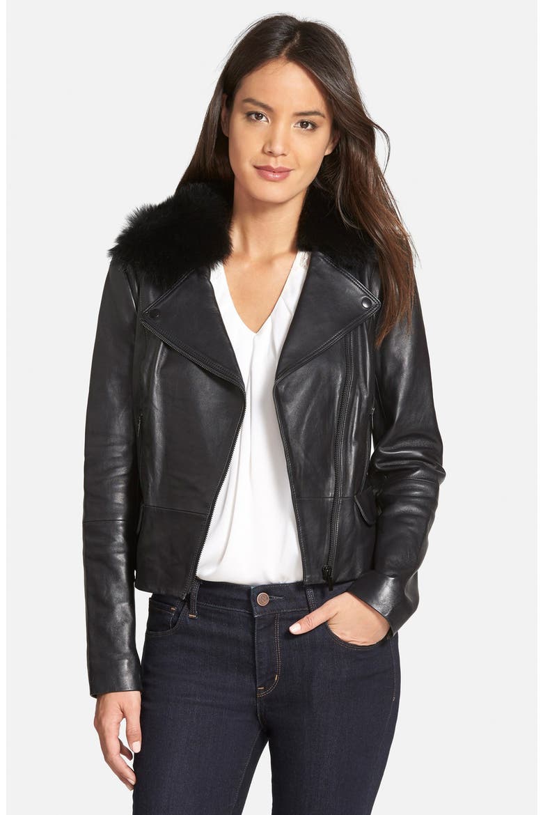 'Brenna' Leather Jacket with Detachable Genuine Toscana Shearling Collar, Main, color, BLACK