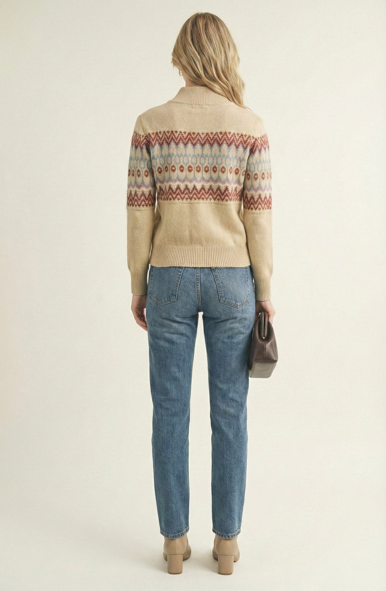 Modenaire Fair Isle Zip Cardigan with Ribbed Trim, Alternate, color, Fair Isle