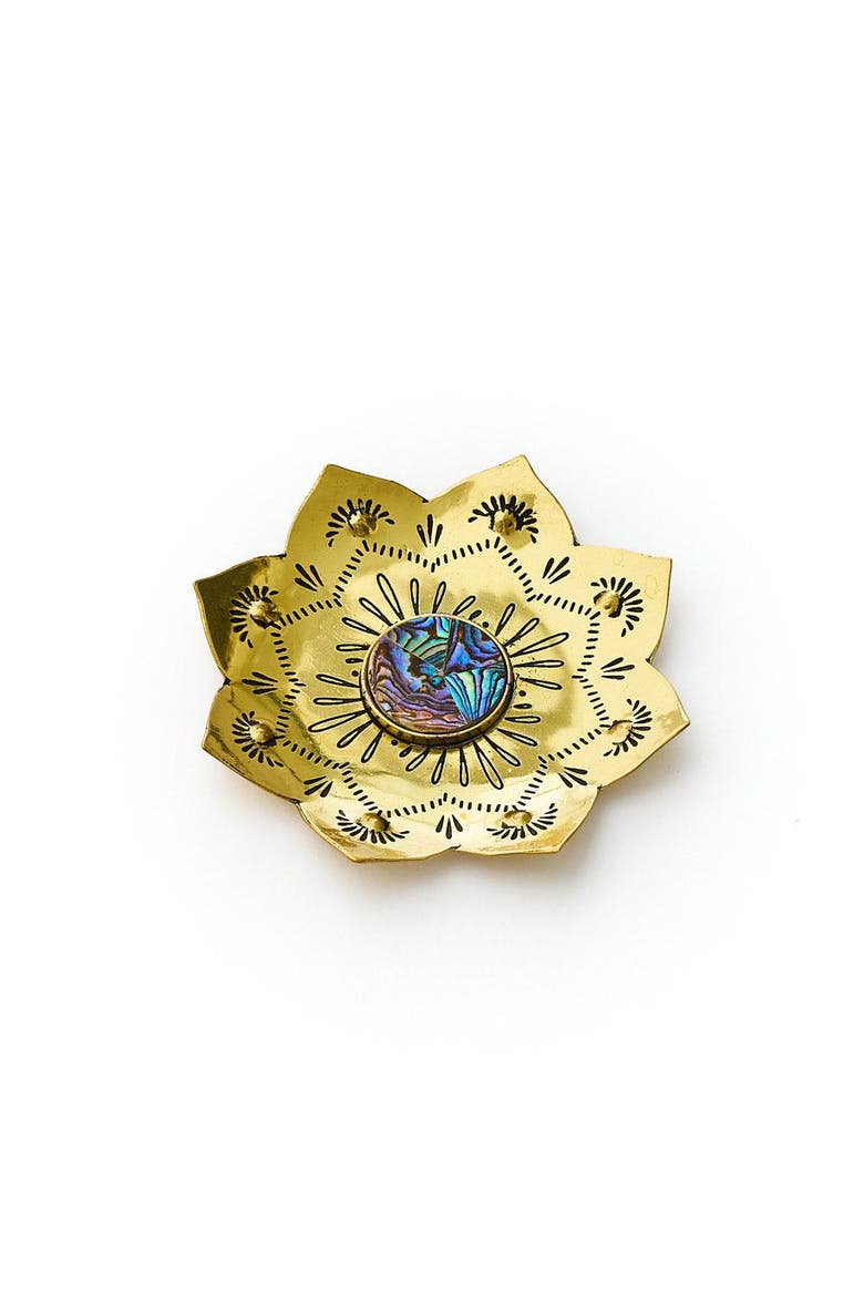 Kairavini Lotus Trinket Dish - Etched Brass, Abalone, Main, color, Bronze