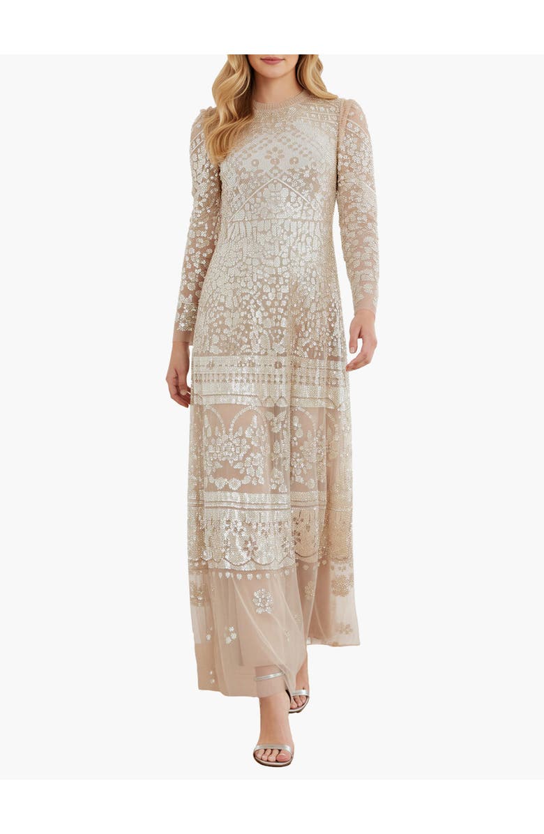 Needle & Thread Aurora Long Sleeve Round Neck Gown, Alternate, color, Butterscotch/ Gold