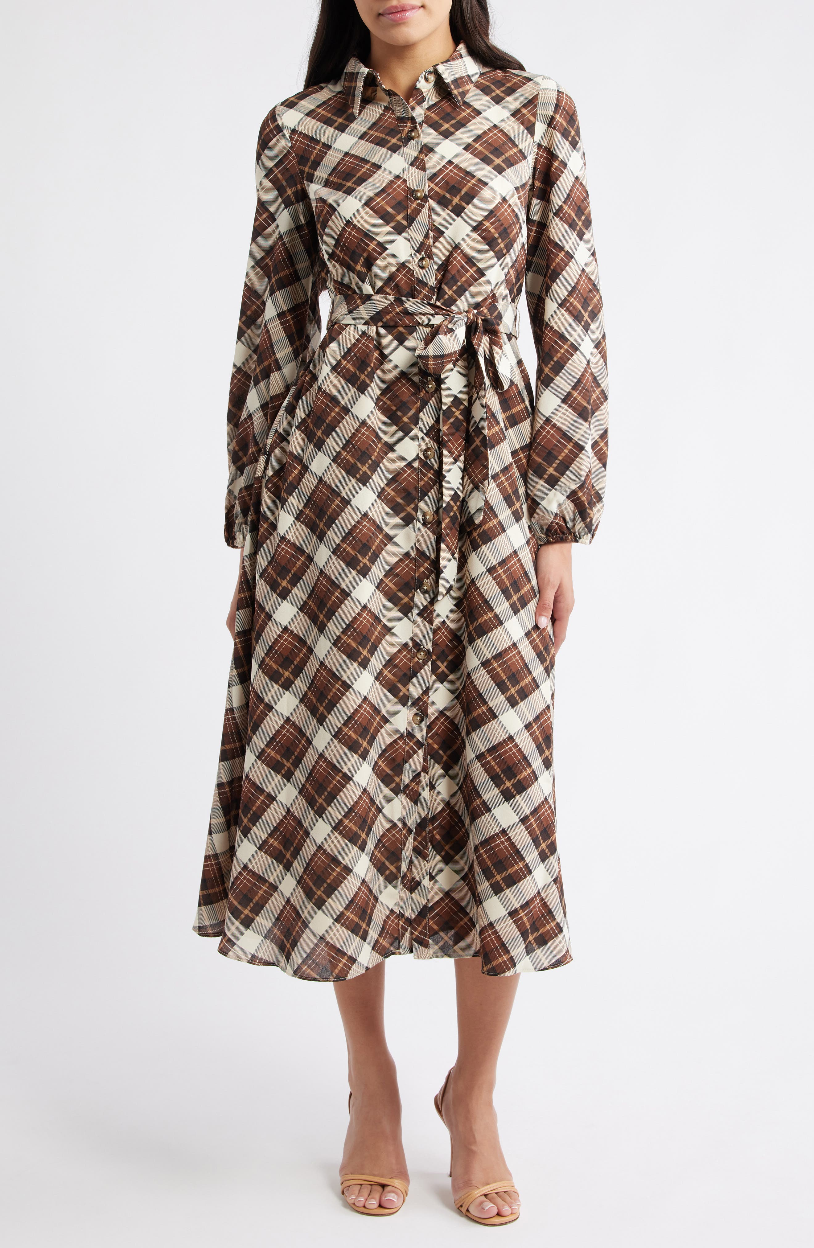 Julia Jordan Plaid Tie Waist Long Sleeve Midi Dress