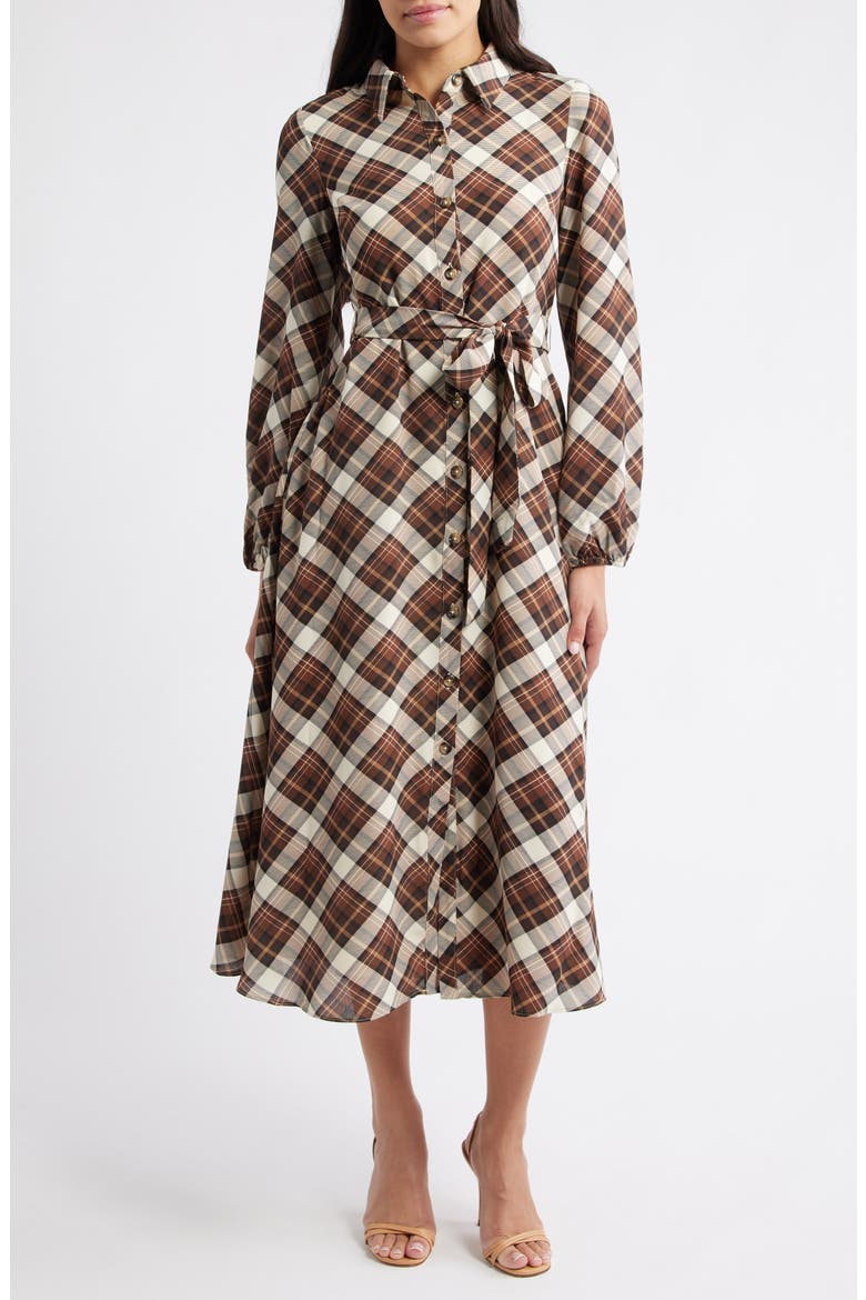 Plaid Tie Waist Long Sleeve Midi Dress, Main, color, BROWN MULTI