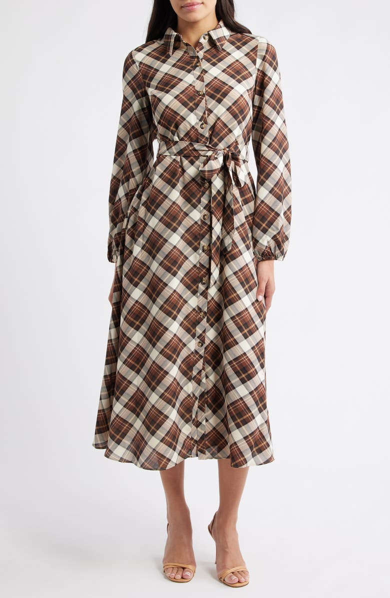 Julia Jordan Plaid Tie Waist Long Sleeve Midi Dress, Main, color, Brown Multi