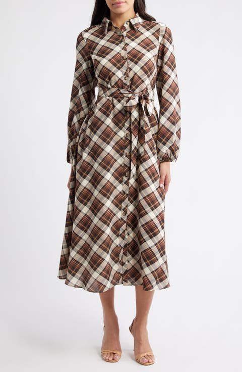 Plaid Tie Waist Long Sleeve Midi Dress