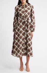 Julia Jordan Plaid Tie Waist Long Sleeve Midi Dress