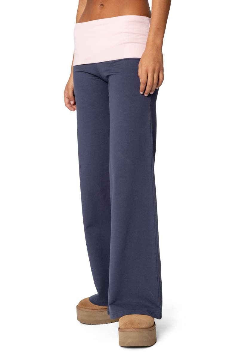 EDIKTED Foldover Contrast Wide Leg Pants, Alternate, color, Navy