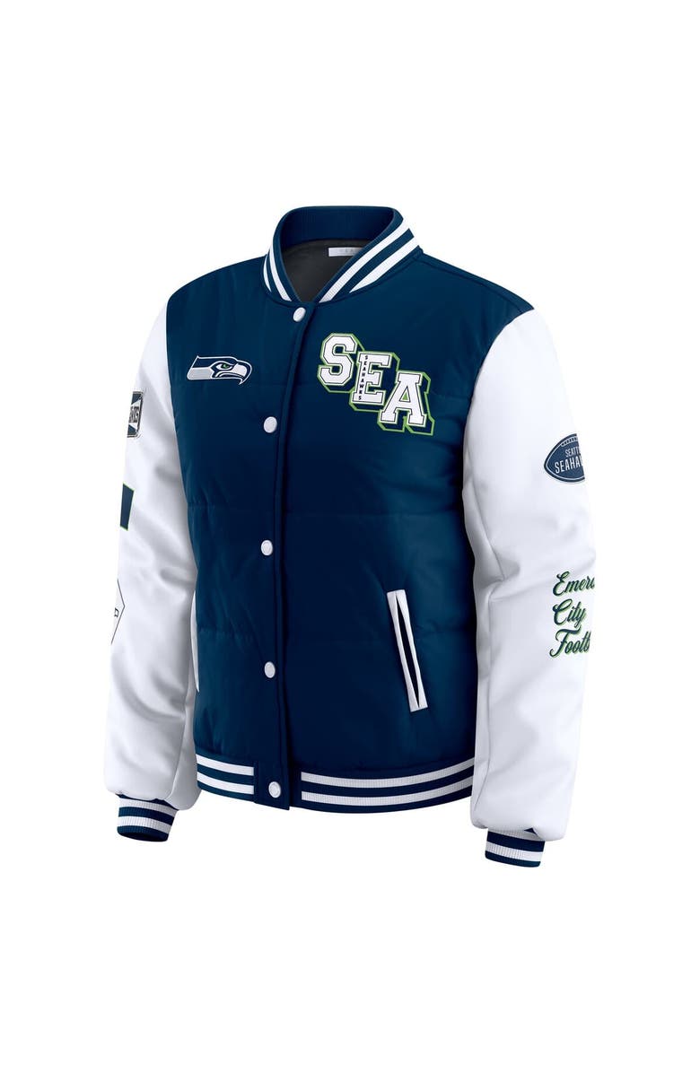 WEAR by Erin Andrews Women's WEAR by Erin Andrews College Navy Seattle Seahawks Varsity Full-Snap Puffer Jacket, Alternate, color, College Navy
