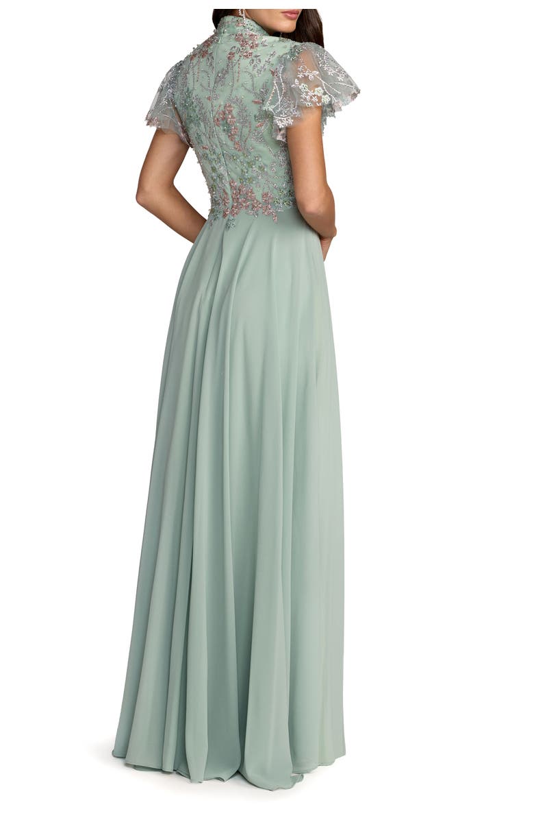 Mac Duggal Embroidered Top Chiffon Skirt Ruffle Sleeve Gown, Alternate, color, Sage