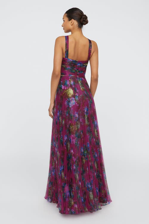 Theia Naveen Pleated Floral-print Organza Gown In Brown