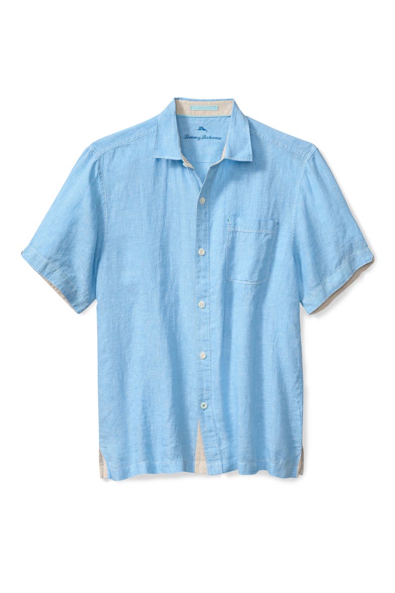 Paradise Breezer Short Sleeve Linen Button-Up Shirt, Main, color, GLASS BEAD BLUE