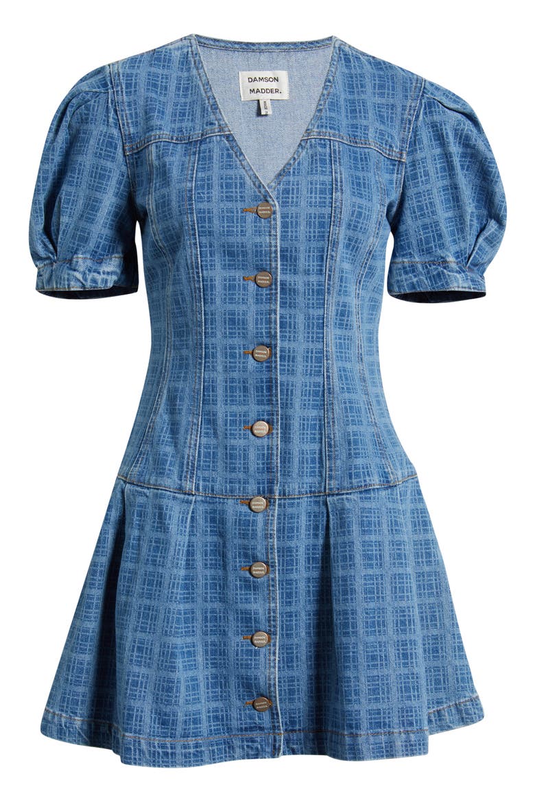 Adeline Grid Puff Sleeve Denim Minidress, Alternate, color, BLUE