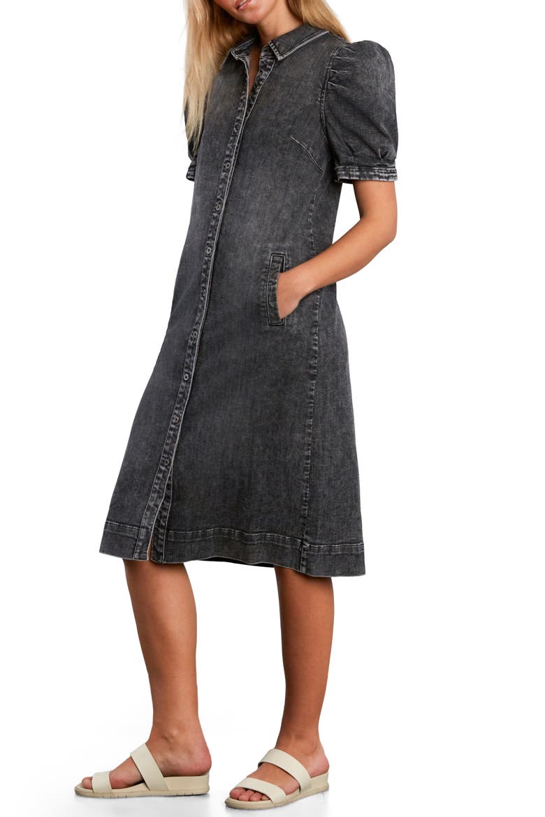 Puff Sleeve Stretch Denim Midi Dress, Alternate, color, DARK CEMENT