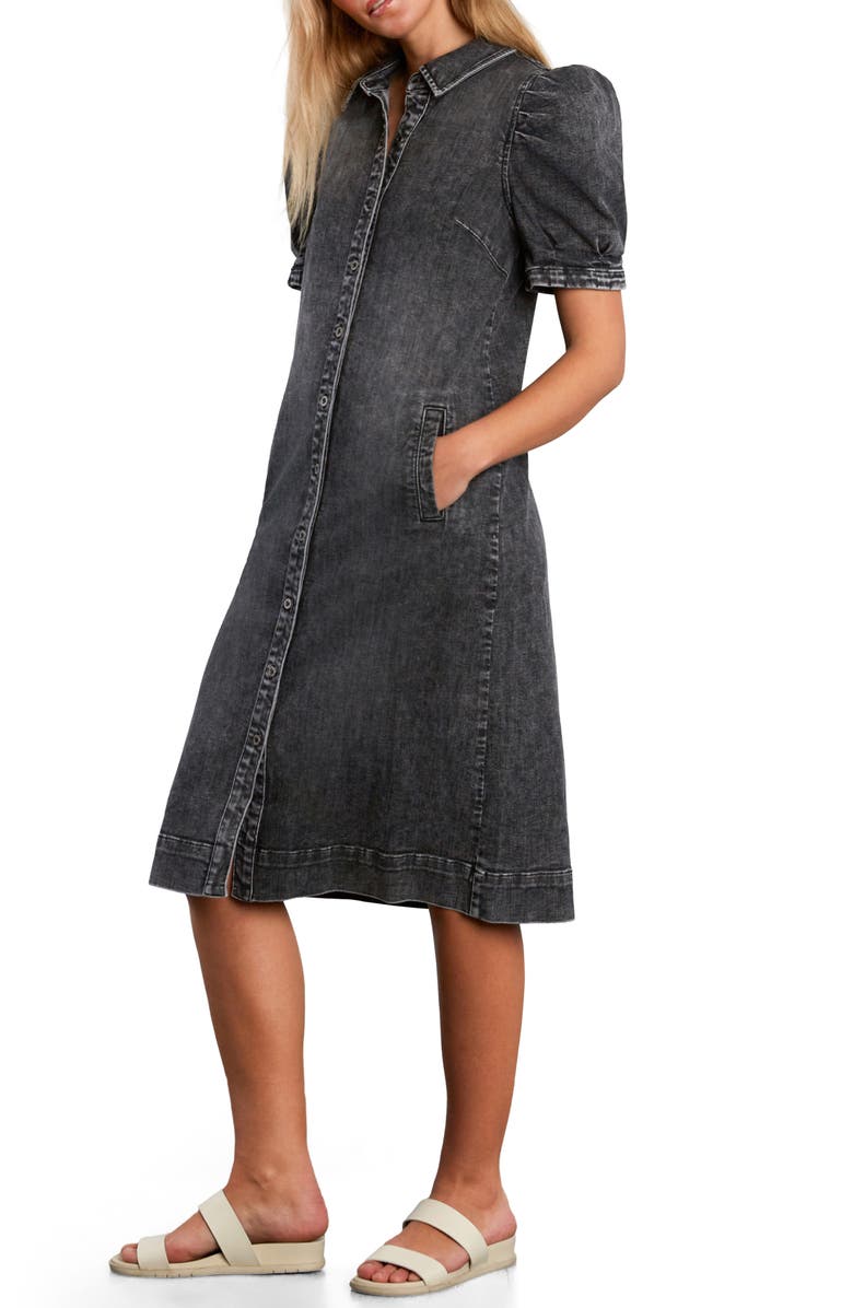 Wash Lab Denim Puff Sleeve Stretch Denim Midi Dress, Alternate, color, Dark Cement