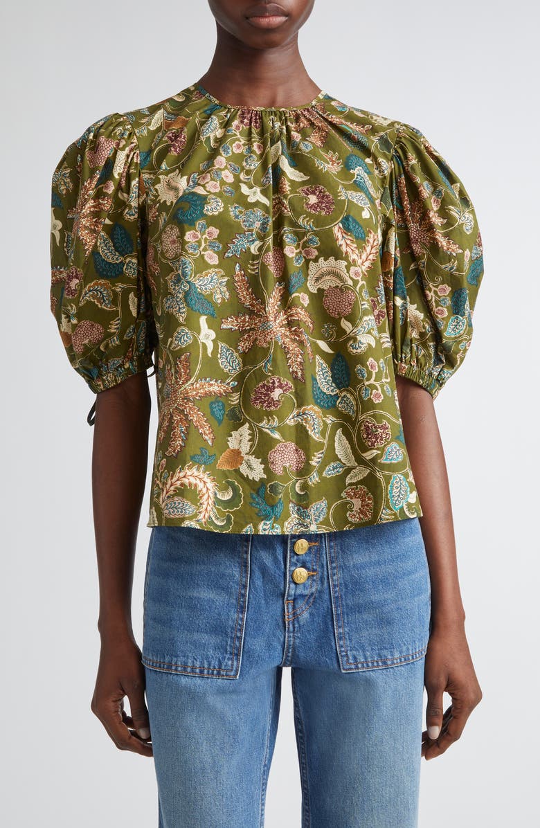 Ulla Johnson Coralie Embroidered Puff Sleeve Top, Main, color, Lichen